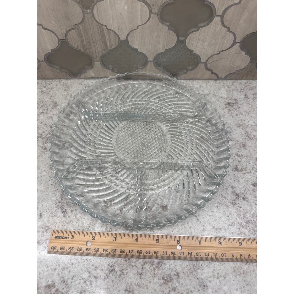Vintage Clear Pressed Glass Divided Serving Platter Relish Tray Sunburst Swirl 9